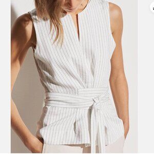 Vince Pinstripe Sleeveless Linen Blend Belted Shell Blouse Top 12/ XL $245